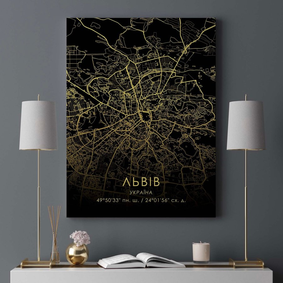 Постер без рамки "Карта міста Львів на чорному тлі" в розмірі 30х40
