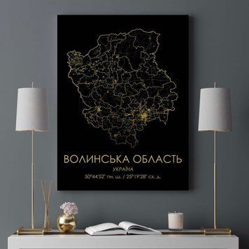 Постер у пластиковій рамці "Карта Волинської області на чорному тлі" в розмірі 50х70